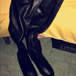 Black Knee high open toe boots